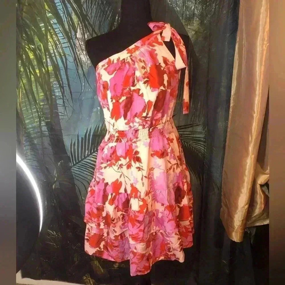 Pink and Red Floral Tie Front One Shoulder Knee-Length Sundress - Picture 12 of 12